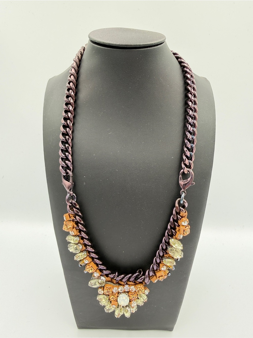 CAbi Purple Chain Necklace with Gold and Pale Yellow Crystal Clusters